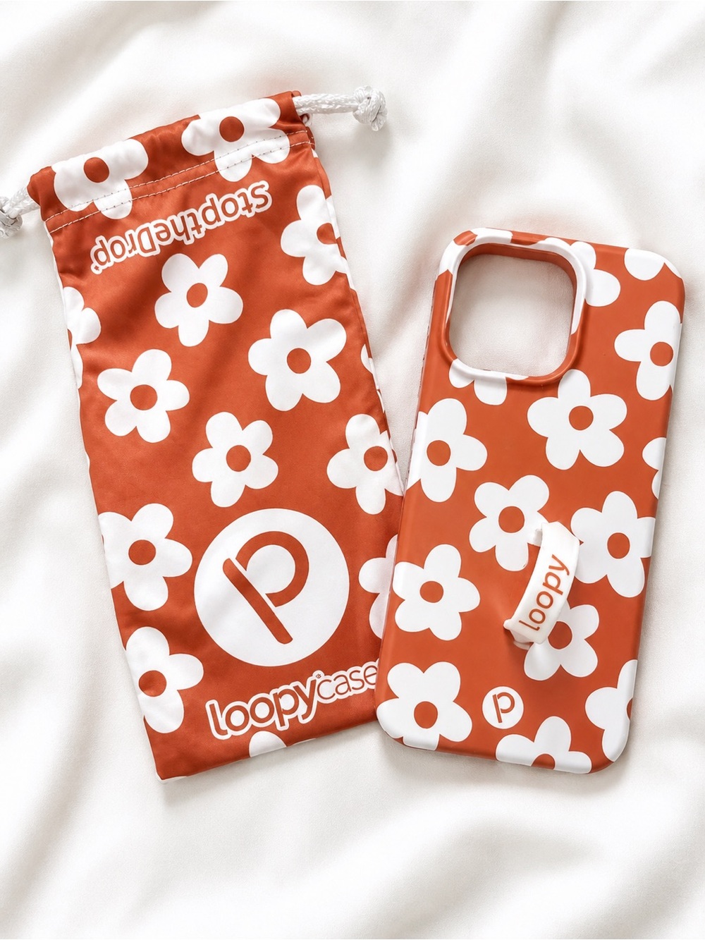 Loopy Case Orange & White Floral Phone Case with Pouch iPhone 15pro max